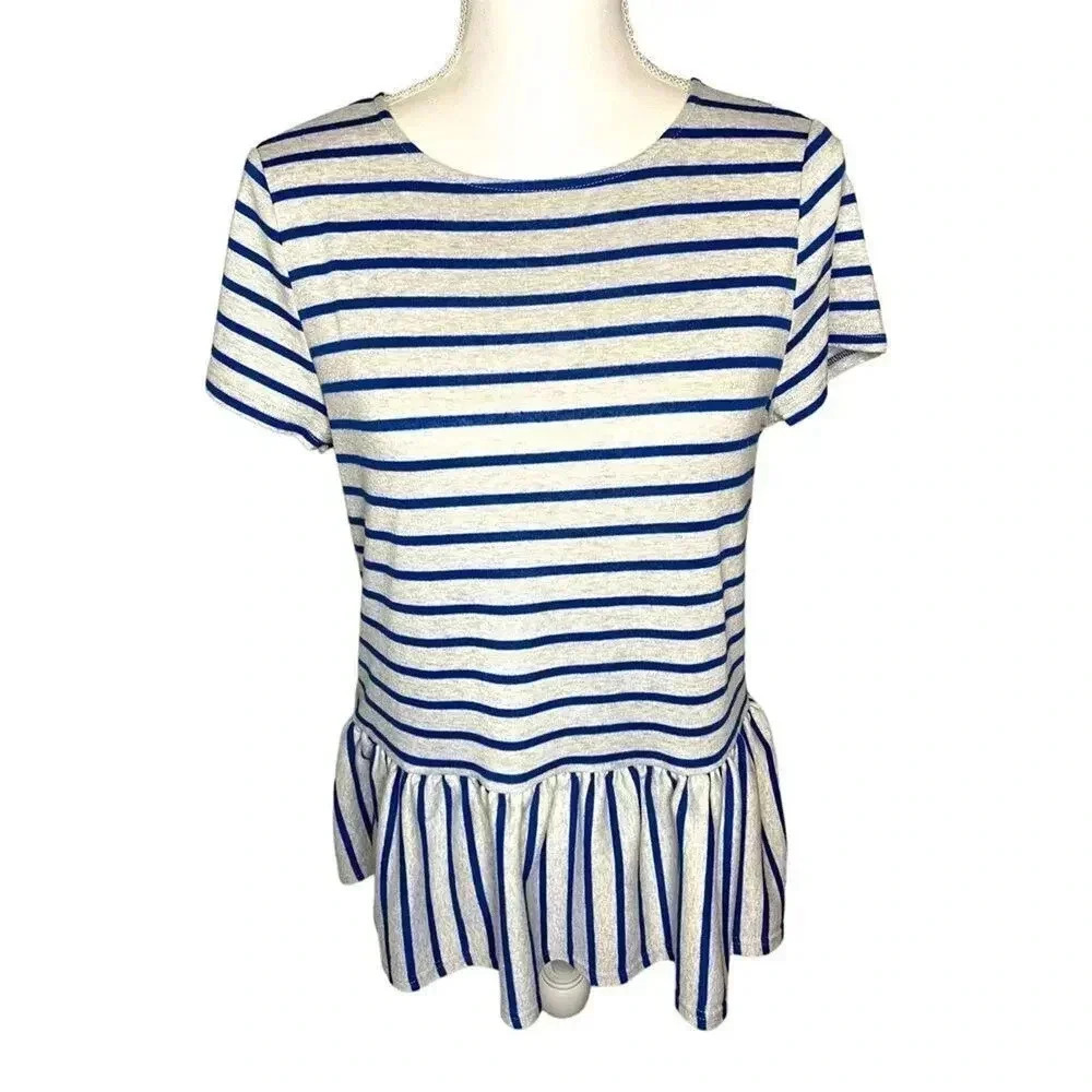 Sugar + Lips Women’s Small Gray & Blue Striped Peplum Top